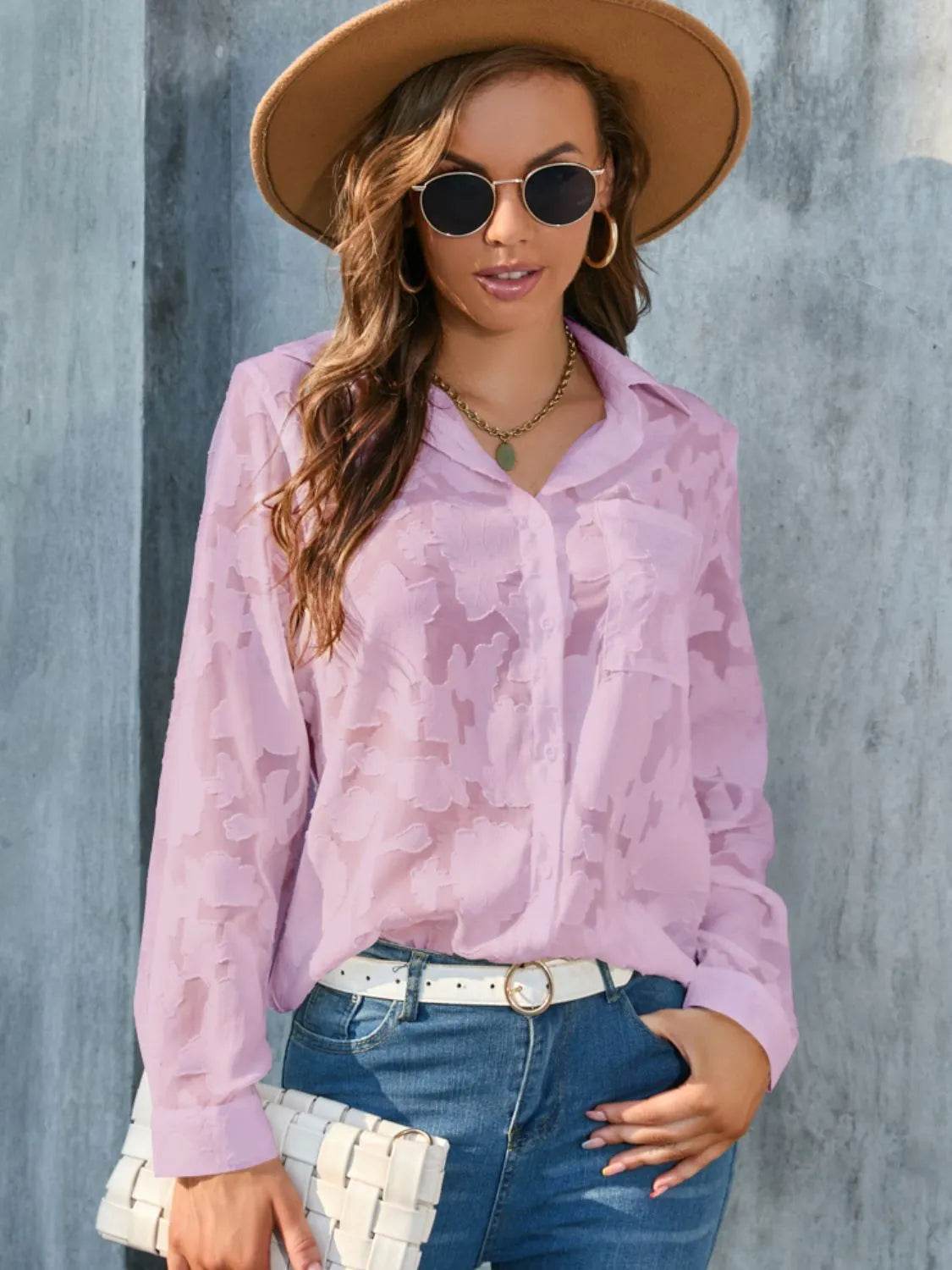 Full Size Collared Neck Long Sleeve Shirt Plus Size - Bona Fide Fashion
