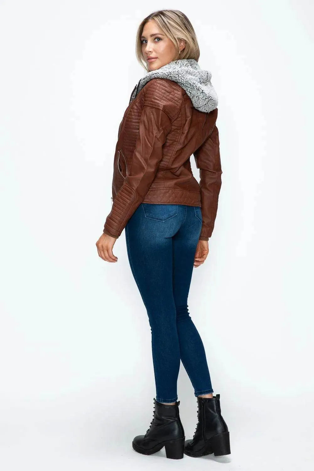 YMI Faux Layered Double-Zipper Jacket with Fuzzy Hood - Bona Fide Fashion