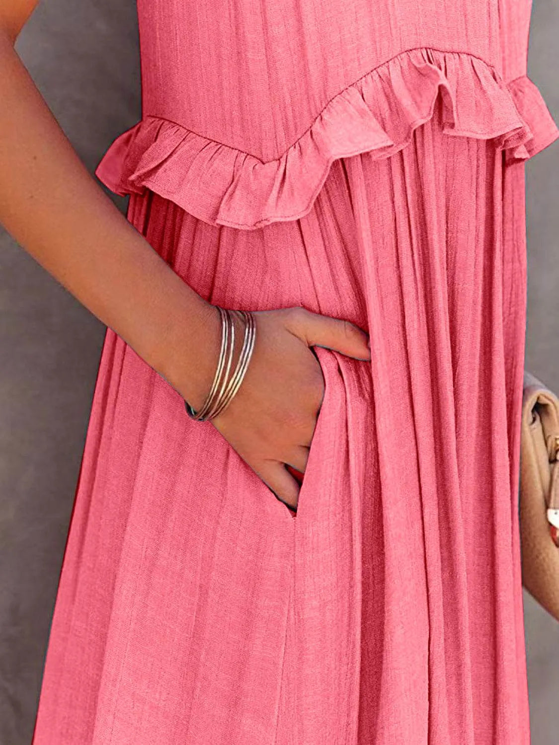 Ruffled Sleeveless Tiered Maxi Dress with Pockets - Bona Fide Fashion