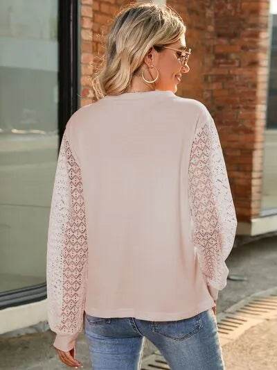 Full Size Round Neck Lace Long Sleeve T-Shirt Plus Size - Bona Fide Fashion