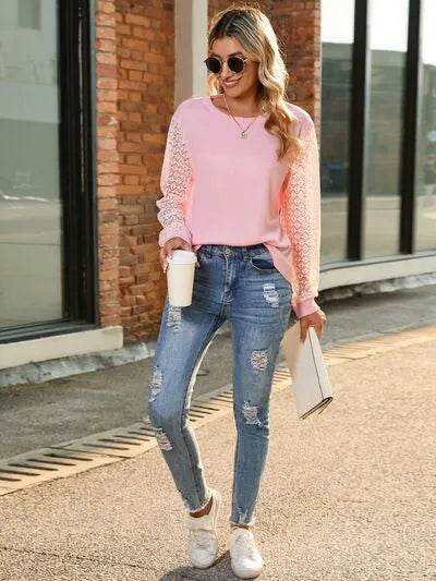 Full Size Round Neck Lace Long Sleeve T-Shirt Plus Size - Bona Fide Fashion