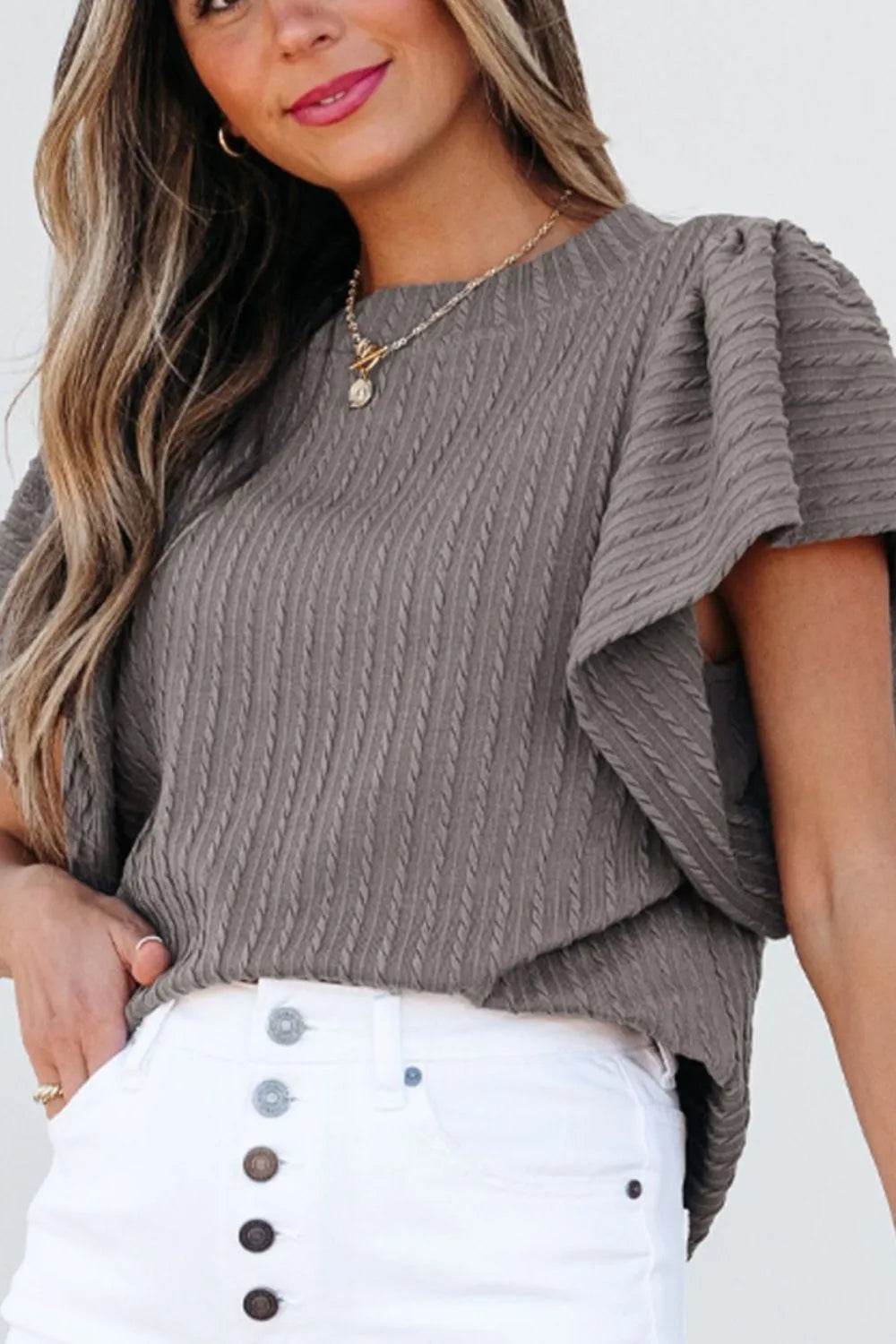 Textured Round Neck Flounce Sleeve Blouse - Bona Fide Fashion