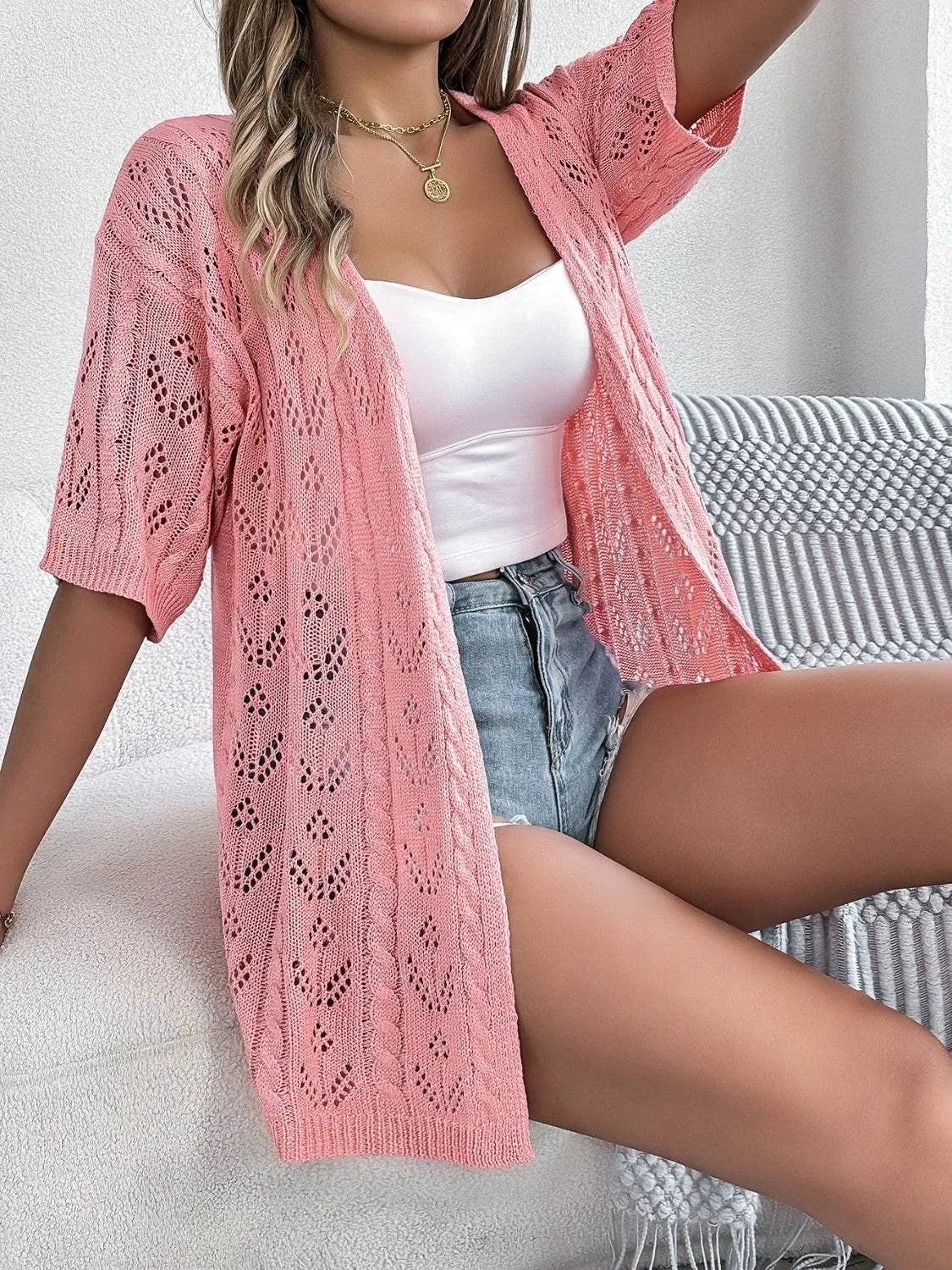 Openwork Open Front Half Sleeve Cardigan - Bona Fide Fashion