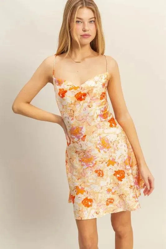 HYFVE Floral Cowl Neck Flirty Satin Mini Dress - Bona Fide Fashion