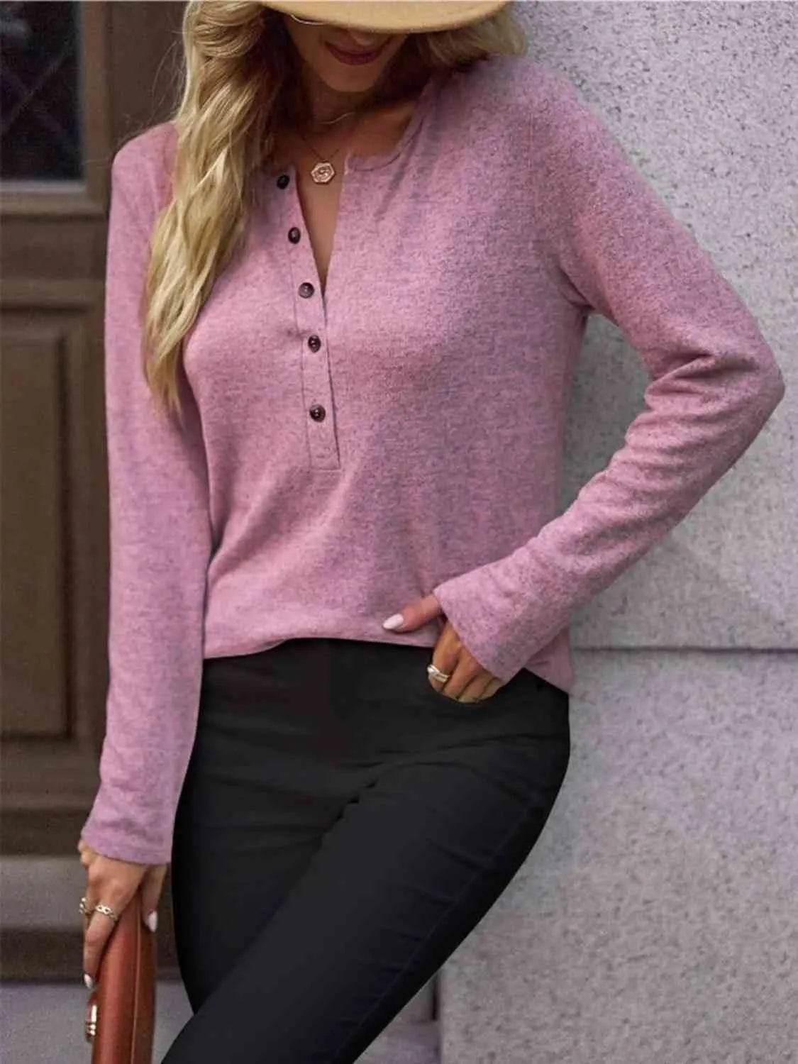 Round Neck Buttoned Long Sleeve T-Shirt - Bona Fide Fashion