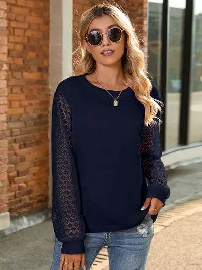 Full Size Round Neck Lace Long Sleeve T-Shirt Plus Size - Bona Fide Fashion