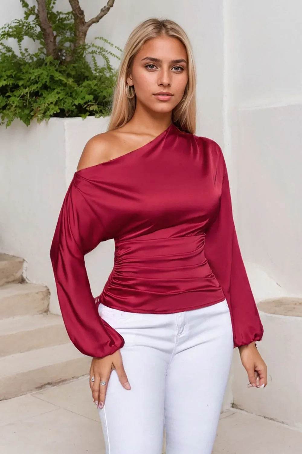 Drawstring One Shoulder Long Sleeve Blouse - Bona Fide Fashion