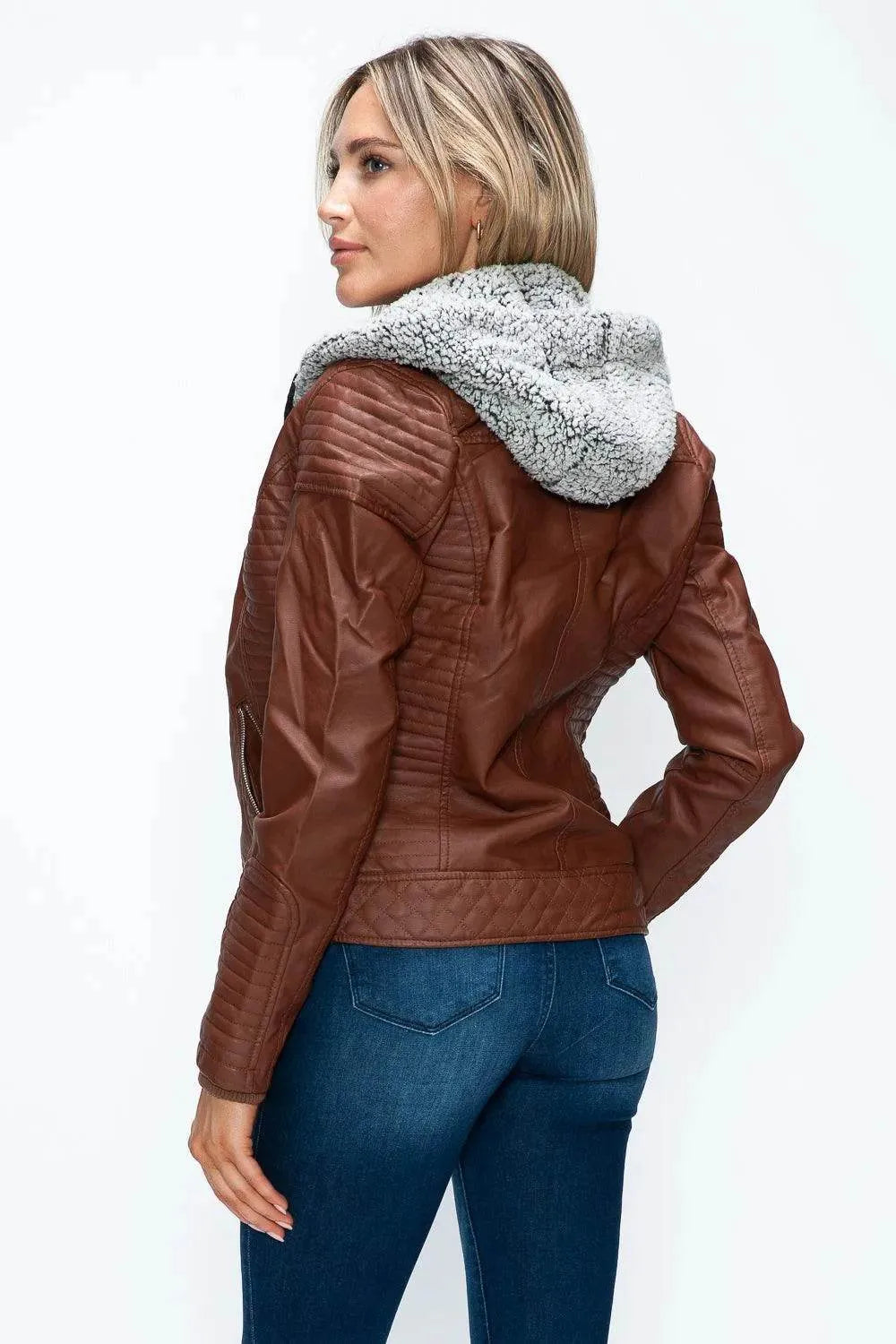 YMI Faux Layered Double-Zipper Jacket with Fuzzy Hood - Bona Fide Fashion