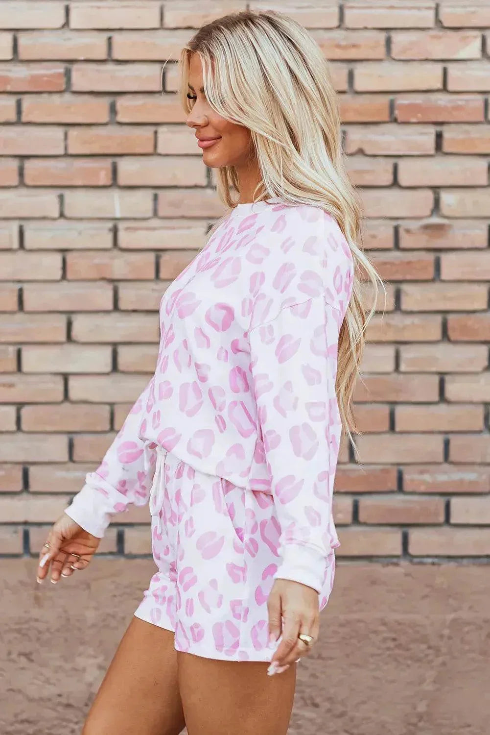 Leopard Long Sleeve and Drawstring Shorts Lounge Set - Bona Fide Fashion