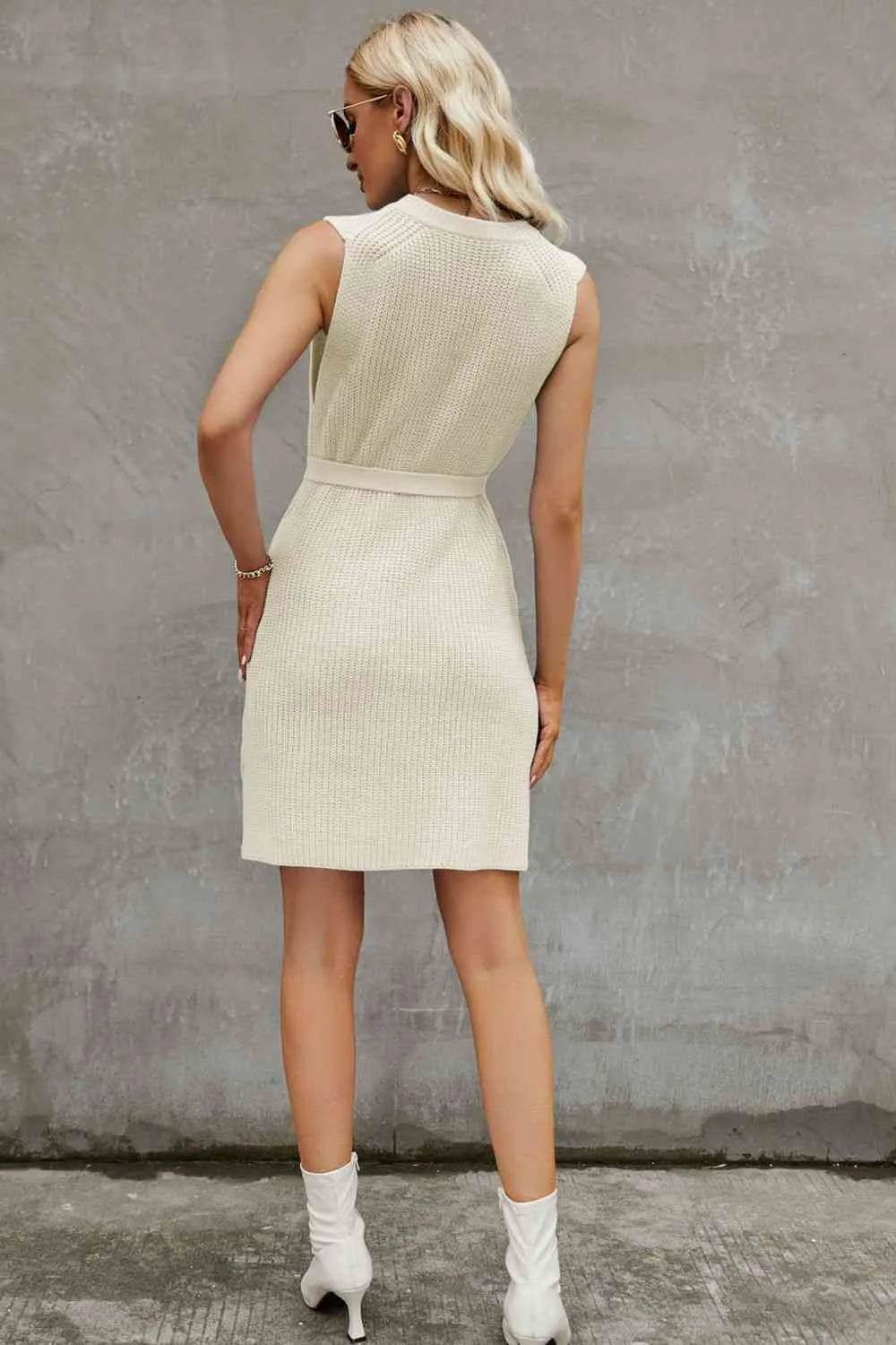 Round Neck Slit Sleeveless Sweater Dress - Bona Fide Fashion
