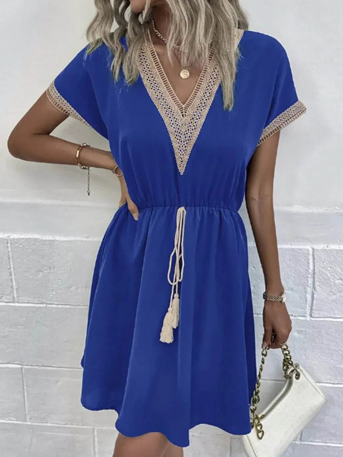 Full Size Tassel V-Neck Short Sleeve Dress Plus Size - Bona Fide Fashion