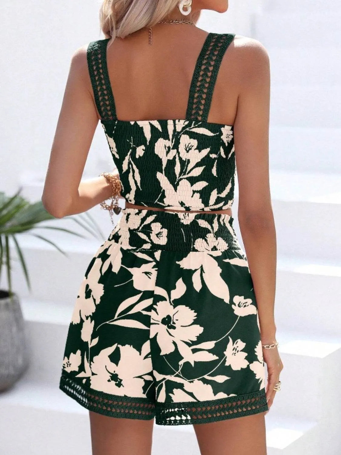 Smocked Printed Square Neck Top and Shorts Set - Bona Fide Fashion