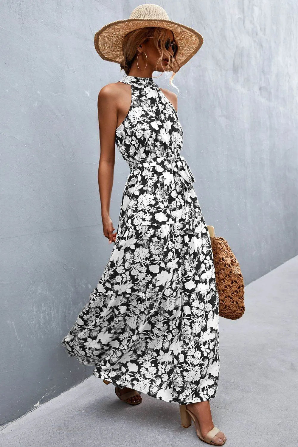 Printed Sleeveless Tie Waist Maxi Dress - Bona Fide Fashion