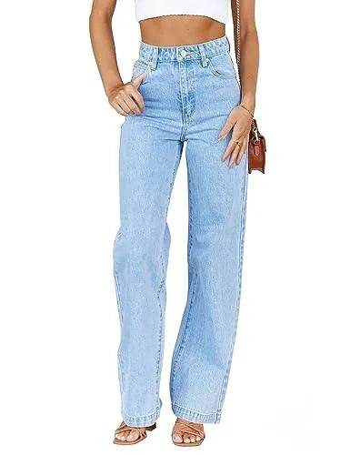 ETTELO Womens Jeans Mid Waisted Straight Leg Loose Stretchy Lightweight Tummy Control Trendy Jeans for Women 2023 (US, Numeric, 8, Regular, Regular, Light Blue) - Bona Fide Fashion