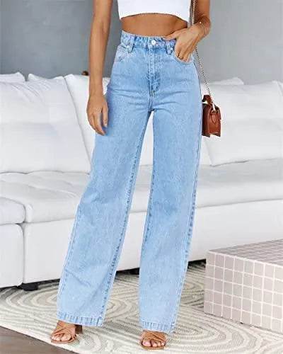 ETTELO Womens Jeans Mid Waisted Straight Leg Loose Stretchy Lightweight Tummy Control Trendy Jeans for Women 2023 (US, Numeric, 8, Regular, Regular, Light Blue) - Bona Fide Fashion