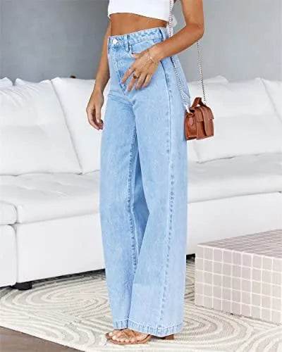 ETTELO Womens Jeans Mid Waisted Straight Leg Loose Stretchy Lightweight Tummy Control Trendy Jeans for Women 2023 (US, Numeric, 8, Regular, Regular, Light Blue) - Bona Fide Fashion