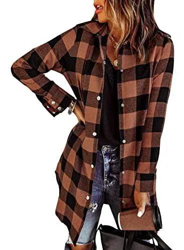 EVALESS Color Block Plaid Shacket Jackets for Women Sexy V Neck Outfits Long Sleeve Button Down Lightweight Flannel Shirts Jackets Cardigans Coats With Pockets Brown X-Large - Bona Fide Fashion