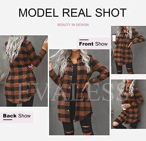 EVALESS Color Block Plaid Shacket Jackets for Women Sexy V Neck Outfits Long Sleeve Button Down Lightweight Flannel Shirts Jackets Cardigans Coats With Pockets Brown X-Large - Bona Fide Fashion
