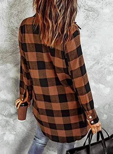 EVALESS Color Block Plaid Shacket Jackets for Women Sexy V Neck Outfits Long Sleeve Button Down Lightweight Flannel Shirts Jackets Cardigans Coats With Pockets Brown X-Large - Bona Fide Fashion