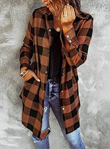 EVALESS Color Block Plaid Shacket Jackets for Women Sexy V Neck Outfits Long Sleeve Button Down Lightweight Flannel Shirts Jackets Cardigans Coats With Pockets Brown X-Large - Bona Fide Fashion