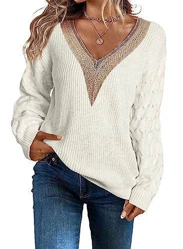 EVALESS Womens Long Sleeve Sweaters Fall 2023 Trendy Sexy Lace V Neck Knit Drop Shoulder Winter Oversized Pullover Sweater Jumper Tops White X-Large - Bona Fide Fashion