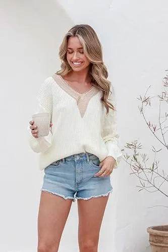 EVALESS Womens Long Sleeve Sweaters Fall 2023 Trendy Sexy Lace V Neck Knit Drop Shoulder Winter Oversized Pullover Sweater Jumper Tops White X-Large - Bona Fide Fashion