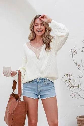 EVALESS Womens Long Sleeve Sweaters Fall 2023 Trendy Sexy Lace V Neck Knit Drop Shoulder Winter Oversized Pullover Sweater Jumper Tops White X-Large - Bona Fide Fashion