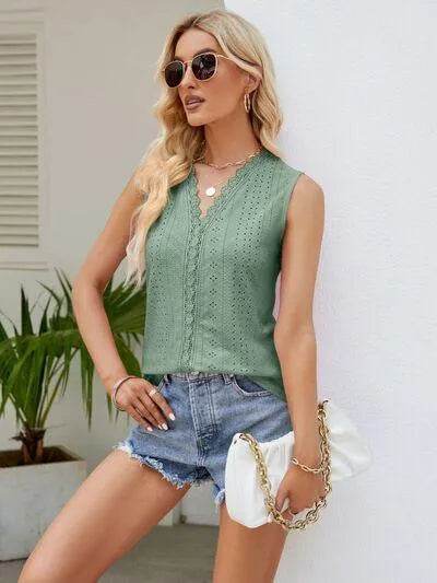 Eyelet Lace Detail V-Neck Tank - Bona Fide Fashion