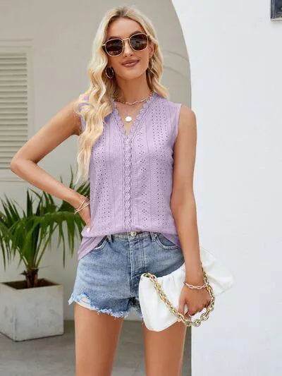 Eyelet Lace Detail V-Neck Tank - Bona Fide Fashion