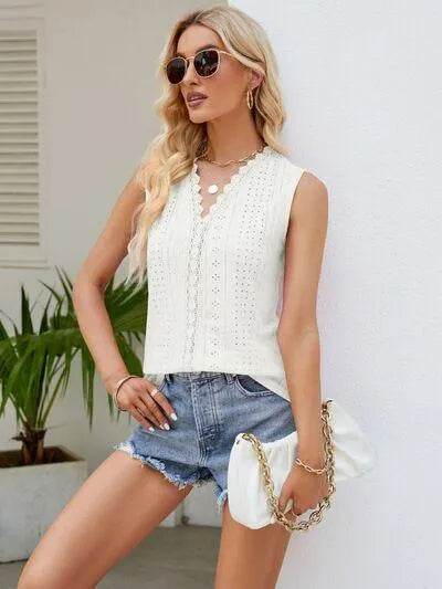Eyelet Lace Detail V-Neck Tank - Bona Fide Fashion