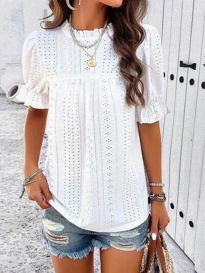 Eyelet Mock Neck Flounce Sleeve Blouse - Bona Fide Fashion