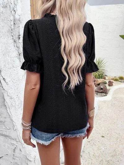 Eyelet Mock Neck Flounce Sleeve Blouse - Bona Fide Fashion