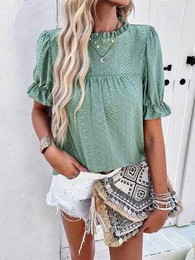 Eyelet Mock Neck Flounce Sleeve Blouse - Bona Fide Fashion