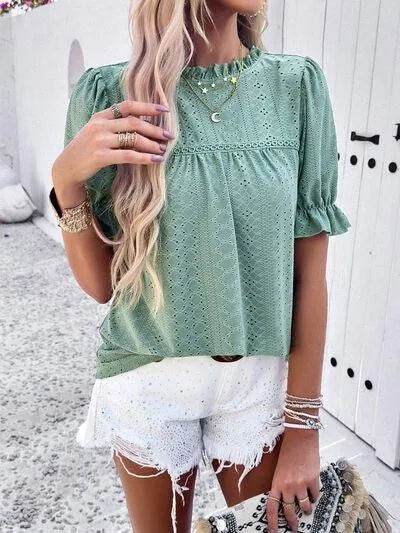 Eyelet Mock Neck Flounce Sleeve Blouse - Bona Fide Fashion