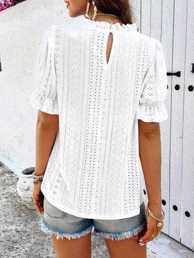 Eyelet Mock Neck Flounce Sleeve Blouse - Bona Fide Fashion
