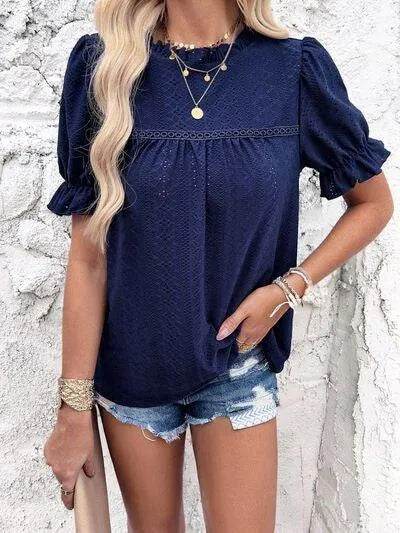 Eyelet Mock Neck Flounce Sleeve Blouse - Bona Fide Fashion