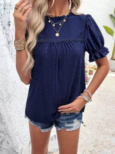 Eyelet Mock Neck Flounce Sleeve Blouse - Bona Fide Fashion