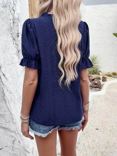 Eyelet Mock Neck Flounce Sleeve Blouse - Bona Fide Fashion