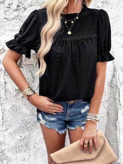 Eyelet Mock Neck Flounce Sleeve Blouse - Bona Fide Fashion