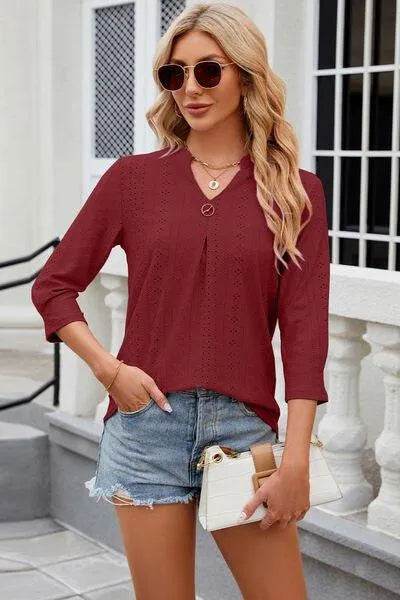 Eyelet Notched Knit Jacquard Top - Bona Fide Fashion