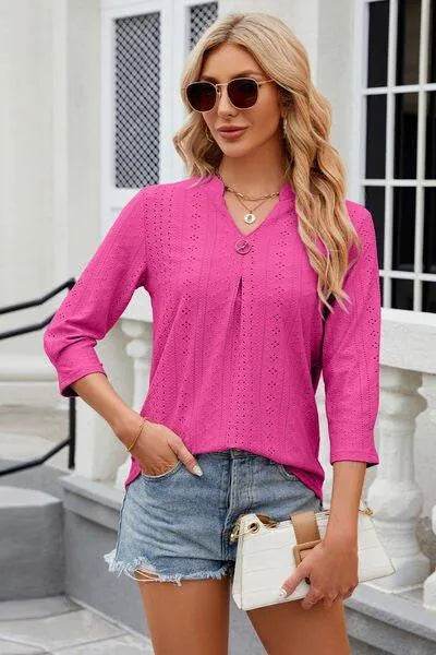 Eyelet Notched Knit Jacquard Top - Bona Fide Fashion