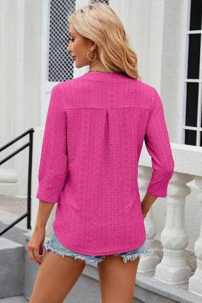 Eyelet Notched Knit Jacquard Top - Bona Fide Fashion