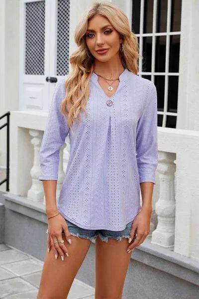 Eyelet Notched Knit Jacquard Top - Bona Fide Fashion