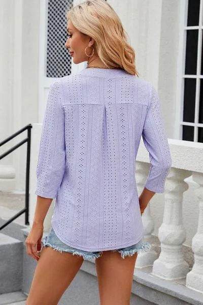 Eyelet Notched Knit Jacquard Top - Bona Fide Fashion
