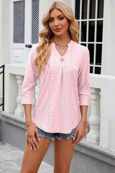 Eyelet Notched Knit Jacquard Top - Bona Fide Fashion