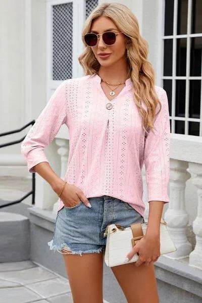 Eyelet Notched Knit Jacquard Top - Bona Fide Fashion