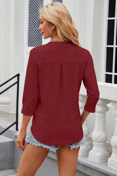 Eyelet Notched Knit Jacquard Top - Bona Fide Fashion