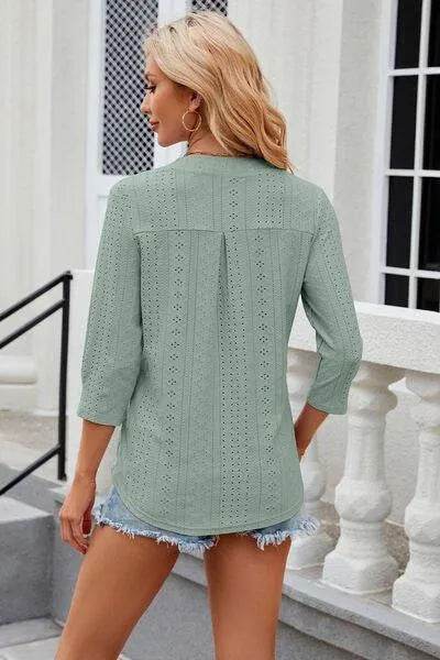 Eyelet Notched Knit Jacquard Top - Bona Fide Fashion