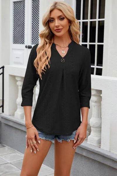 Eyelet Notched Knit Jacquard Top - Bona Fide Fashion