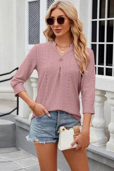 Eyelet Notched Knit Jacquard Top - Bona Fide Fashion